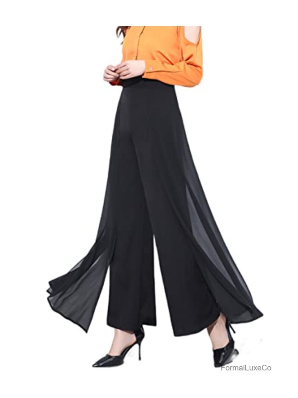 High Waist Flare Palazzo Pants Elastic Waist Dressy Chiffon Trousers